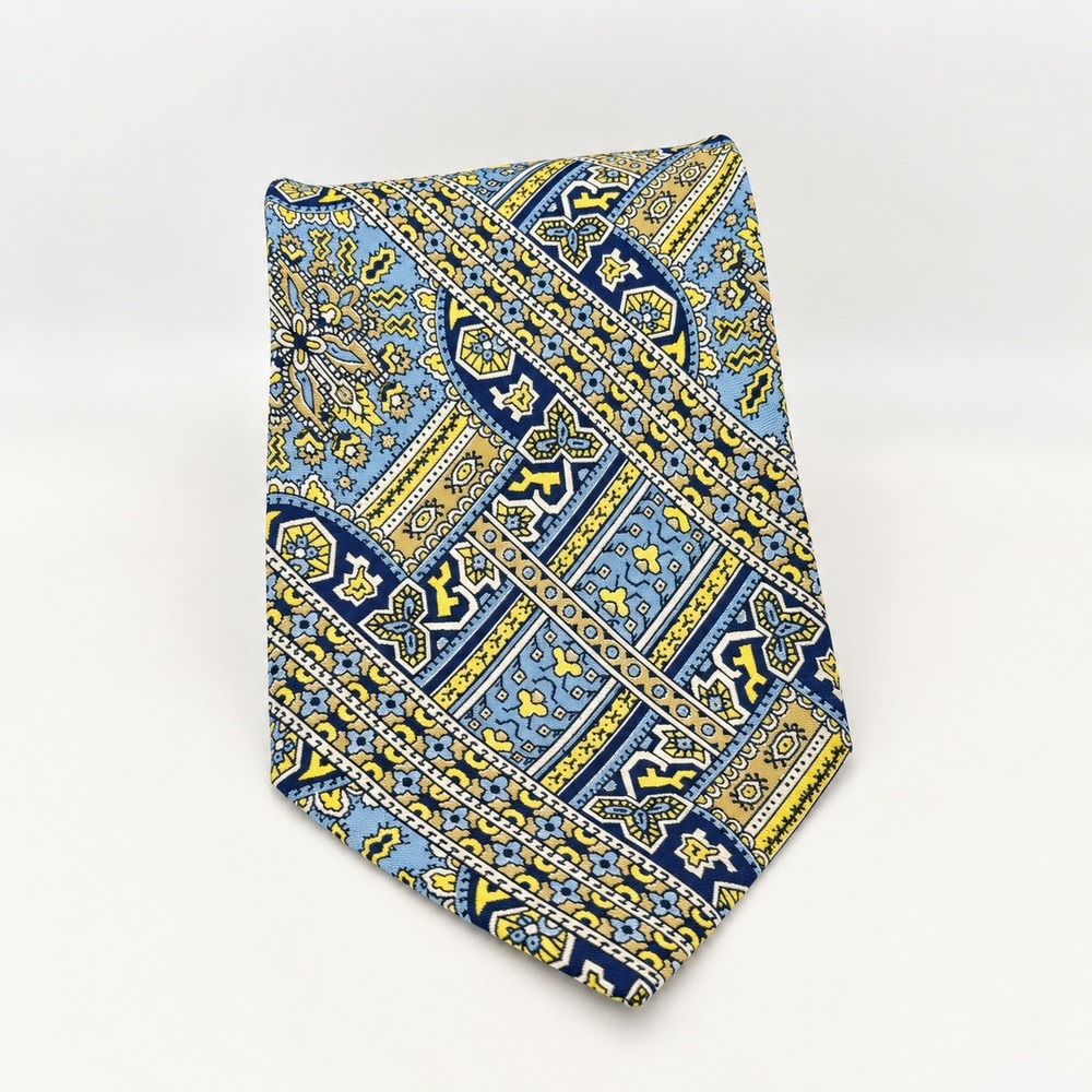 Vtg Yves Saint Laurent Silk Tie Geometric Pattern Blue/Yellow‎ 3.5"x56" Preppy
